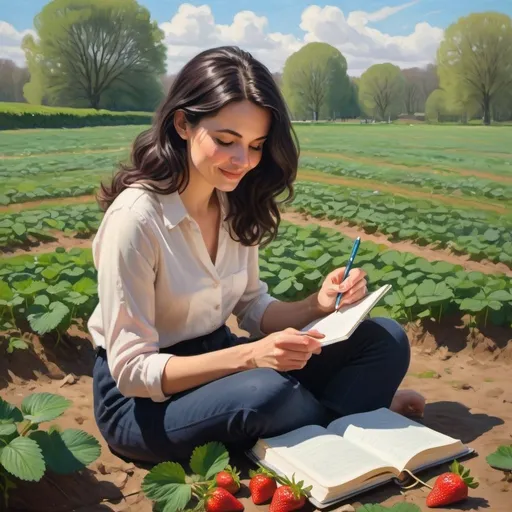 Prompt: a gentle painting of a happy modern educated secular dark haired woman sitting writing a diary in strawberry fields, spring time, sunshine, gentle lines
