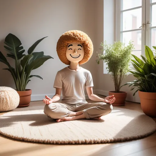 Prompt: a smiling realistic human with Dutch croquette head sitting on a carpet to meditate, in a tidy cosy room with much sunshine and some plants, happy, serene, content