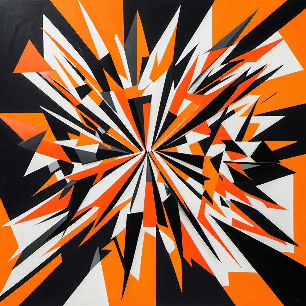 Prompt: Create an abstract geometric representation of Impulsive Child Mode, depicting chaos, rebellion, and lack of control. Use sharp, erratic shapes and jagged lines to symbolize impulsivity and recklessness. Incorporate bold, contrasting colors like oranges, blacks, and bright neons to represent defiance, rage, and risky behavior. Include disjointed or fragmented elements to reflect rash decisions and instability. The overall composition should feel dynamic, unrestrained, and turbulent, capturing the essence of impulsivity and carelessness.