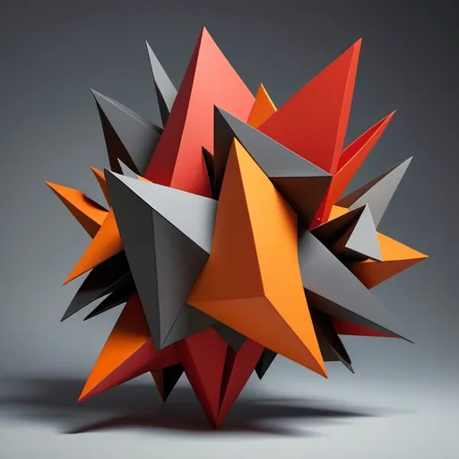 Prompt: a 3d model of aggressive, jagged geometric forms—such as fierce, intersecting triangles and explosive shards—that convey extreme rigidity and dominance. The color palette features fiery reds and intense oranges, symbolizing raw aggression and rebelliousness. The composition is chaotic and confrontational, with clashing shapes and bold contrasts, illustrating the dramatic, forceful reactions and obsessive control attempts characteristic of this mode.