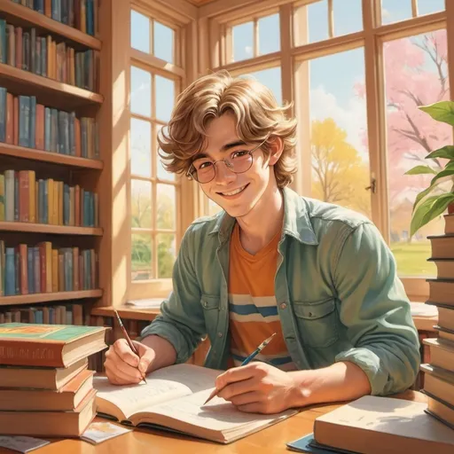 Prompt: (manga 1970's style), painting, happy Dutch male student, left-handed, studying in a library, surrounded by books, spring ambiance, sunlight streaming through windows, (vibrant colors), detailed facial expressions, warm and cheerful atmosphere, cozy library interior, vintage 1970s aesthetic, (ultra-detailed), bright yet soft lighting, evoking a sense of enthusiasm and joy in learning.