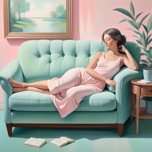 Prompt: Create a serene painting of a figure lounging on a cozy couch, showing a relaxed and balanced posture. The figure should have a gentle smile, reflecting peace and contentment.

Details:

Colors: Use soft pastel shades—pale pink, light blue, and gentle green—in a smooth gradient for the background.
Music Elements: Add whimsical, ethereal music notes floating around the figure, subtly integrated into the pastel background.
Overall Mood: Aim for a calming, balanced atmosphere with a focus on tranquility and harmony.