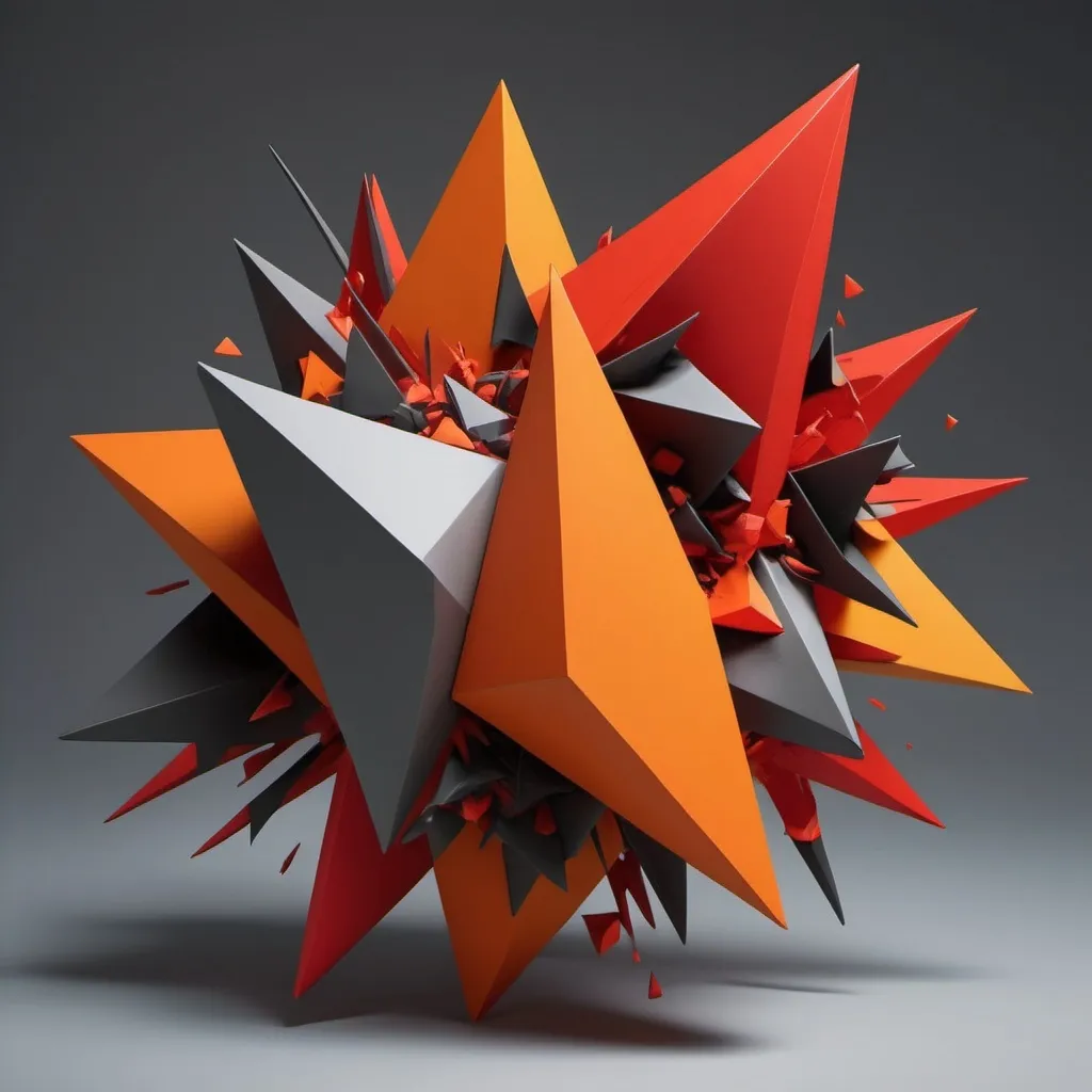 Prompt: a 3d model of aggressive, jagged geometric forms—such as fierce, intersecting triangles and explosive shards—that convey extreme rigidity and dominance. The color palette features fiery reds and intense oranges, symbolizing raw aggression and rebelliousness. The composition is chaotic and confrontational, with clashing shapes and bold contrasts, illustrating the dramatic, forceful reactions and obsessive control attempts characteristic of this mode.