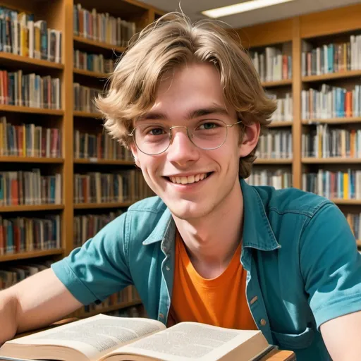 Prompt: A happy Dutch male, student, studying in the library. books, sunshine, spring. Manga 1970's style. vibrant colors, detailed facial expressions.