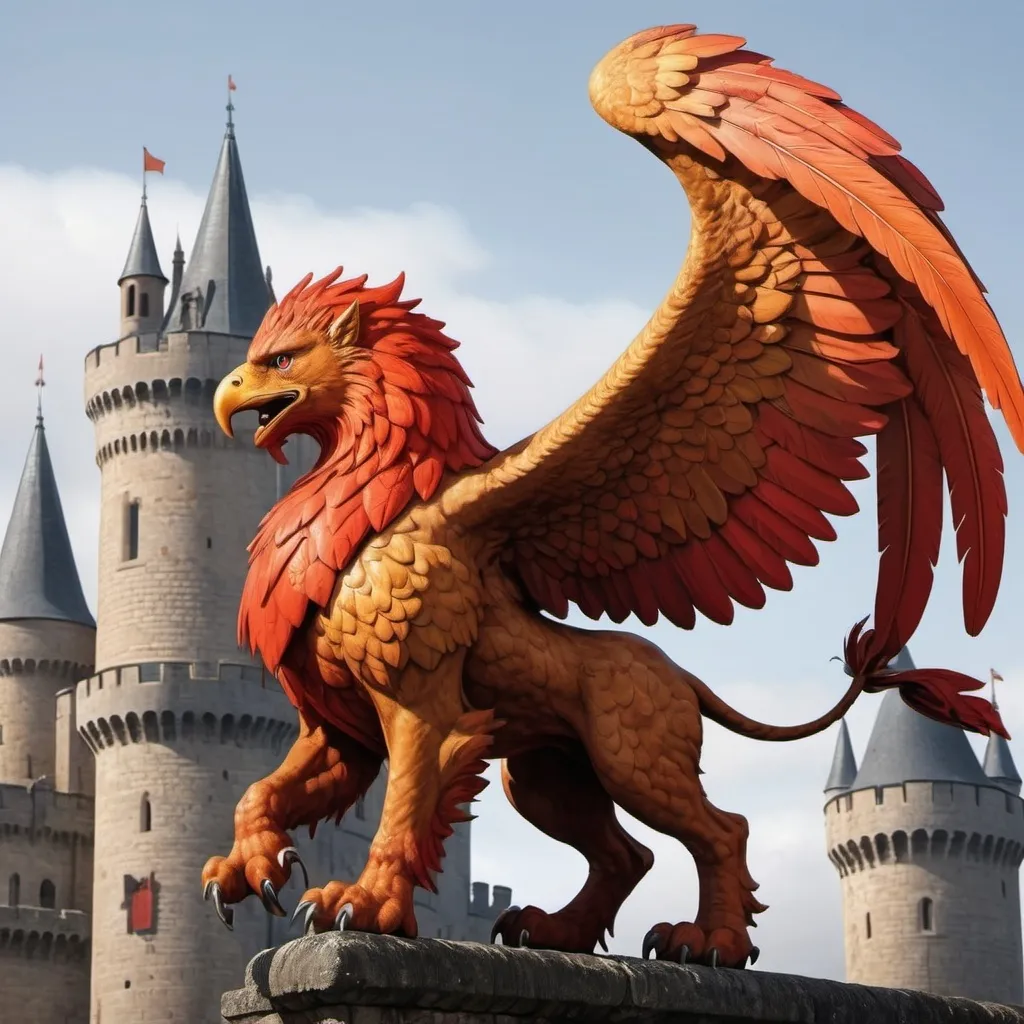 Prompt: an impressive, determined looking griffin embarking on a flight from a castle eastwards. gothic style, orange and red, and his whole body in the picture.
