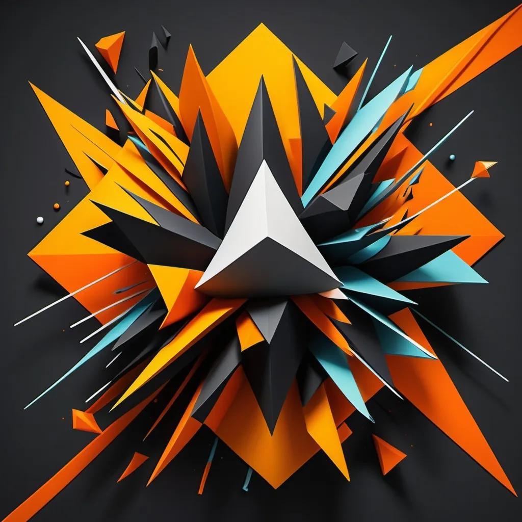 Prompt: Create a 3d abstract geometric representation of Impulsiveness, depicting chaos, rebellion, and lack of control. Use sharp, erratic shapes and jagged lines to symbolize impulsivity and recklessness. Incorporate bold, contrasting colors like dark oranges, blacks, and bright neons to represent defiance, rage, and risky behavior. Include disjointed or fragmented elements to reflect rash decisions and instability. The overall composition should feel dynamic, unrestrained, and turbulent, capturing the essence of impulsivity and carelessness.