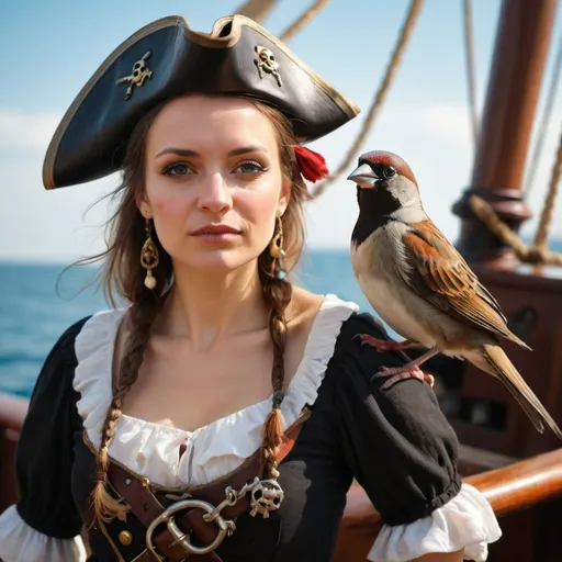 Prompt: a beautiful Polish woman, pirate, with a sparrow on her shoulder, on a ship. Nuanced facial expressions, sun, hope, sea, love