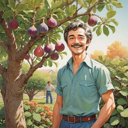 Prompt: manga 1970's style), painting, happy man standing next to a fig tree, (vibrant colors), detailed facial expressions, warm and cheerful atmosphere, spring, vintage 1970s aesthetic, (ultra-detailed), bright yet soft lighting, evoking a sense of enthusiasm and joy in gardening.