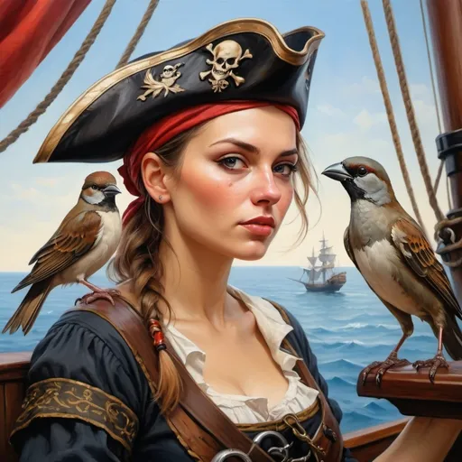 Prompt: a rennaisance style detailed painting of a beautiful Polish woman, pirate, with a sparrow on her shoulder, on a ship. Nuanced facial expressions, sun, hope, sea, love