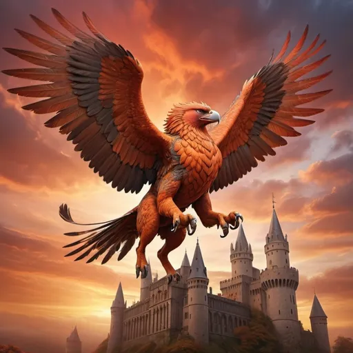 Prompt: (griffin in flight), impressive and determined expression, majestic wings spread wide, detailed feathers, soaring from a grand gothic castle, (vibrant orange and red tones), dramatic sky at dawn, dynamic motion effect, intricate castle architecture, (highly detailed), epic atmosphere, immersive fantasy setting, enchanting background.