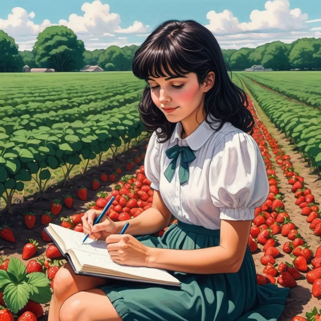 Prompt: an 1980's manga style painting of a tiny happy modern educated secular dark haired woman sitting writing a diary in hugh strawberry fields, spring time, sunshine, gentle lines, strawberries