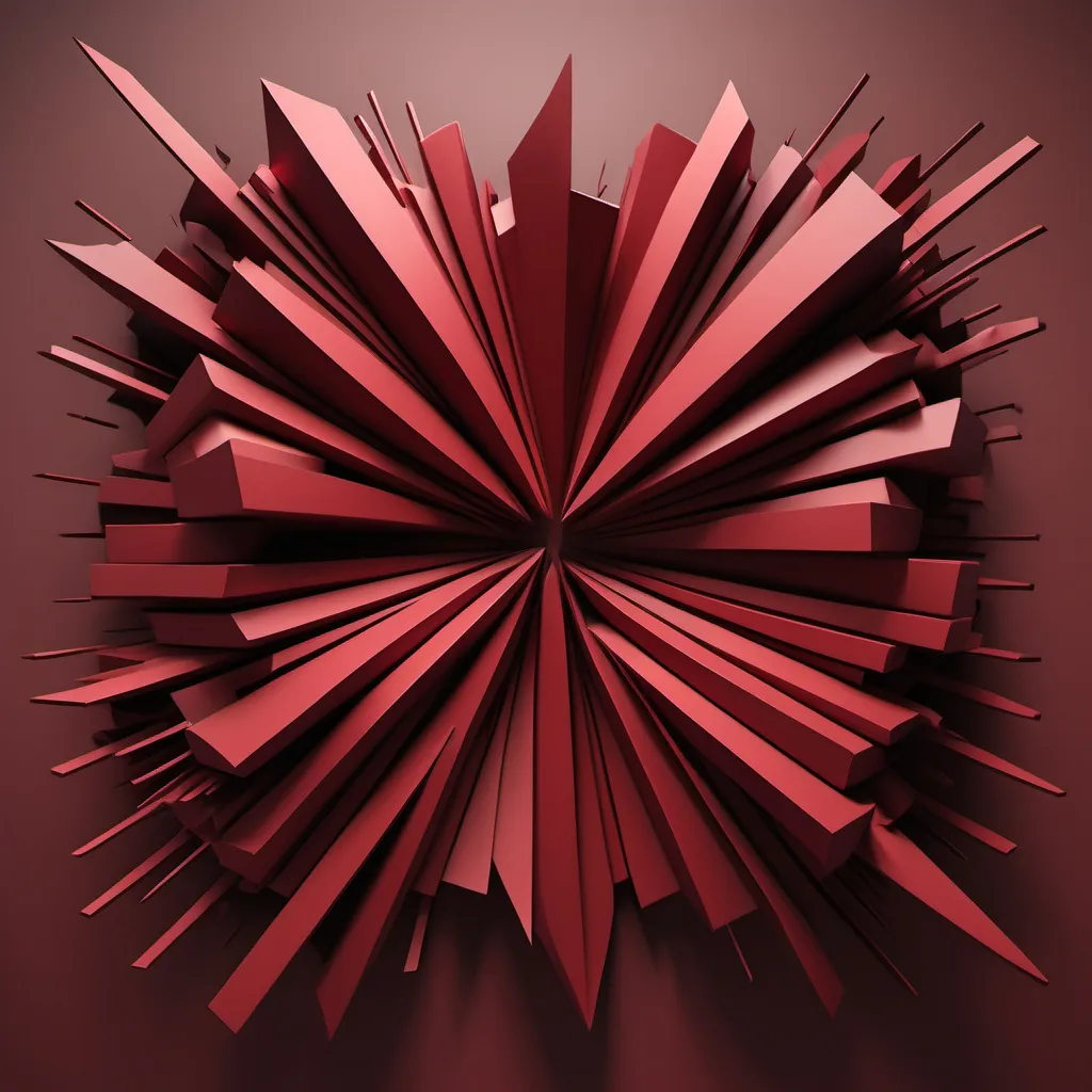 Prompt: Create a 3d abstract geometric representatio of deep anger [dark red], victimization, bitterness, and negativity, pessimism, jealousy, and rage.  intense anger, anxiety, frustration, self-doubt, and a sense of being unsupported and vulnerable.