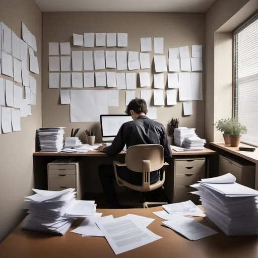 Prompt: Create an image of a person working at a desk in a stark, minimally decorated room. The desk is cluttered with documents, reports, or projects, emphasizing their relentless focus on achievement. The person appears stressed and exhausted, perhaps with a furrowed brow or a tense posture, showing the pressure they feel to continually perform. There are no elements of relaxation or leisure in the scene—everything reflects a strong emphasis on work and productivity. Convey a sense of dissatisfaction with their accomplishments and the constant drive for more, without depicting any guilt, shame, or feelings of worthlessness.