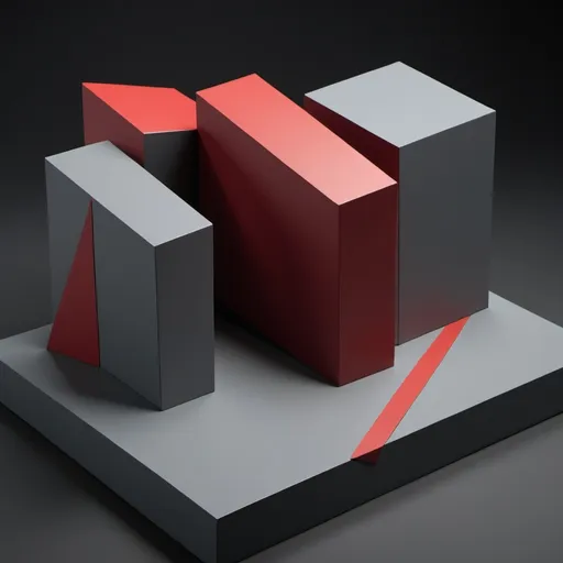 Prompt: a 3d model of harsh, angular geometric forms—such as rigid, sharp-edged rectangles and severe lines—that convey a sense of relentless judgment and punishment. The color palette includes dark, somber shades like deep reds and grays, reflecting sadness, anger, and impatience. The design features intersecting, oppressive shapes and a lack of smooth transitions, illustrating the rigidity and unforgiving nature of this mode. The overall composition is harsh and unforgiving, symbolizing the relentless demand for perfection and the harsh self-criticism associated with this schema.