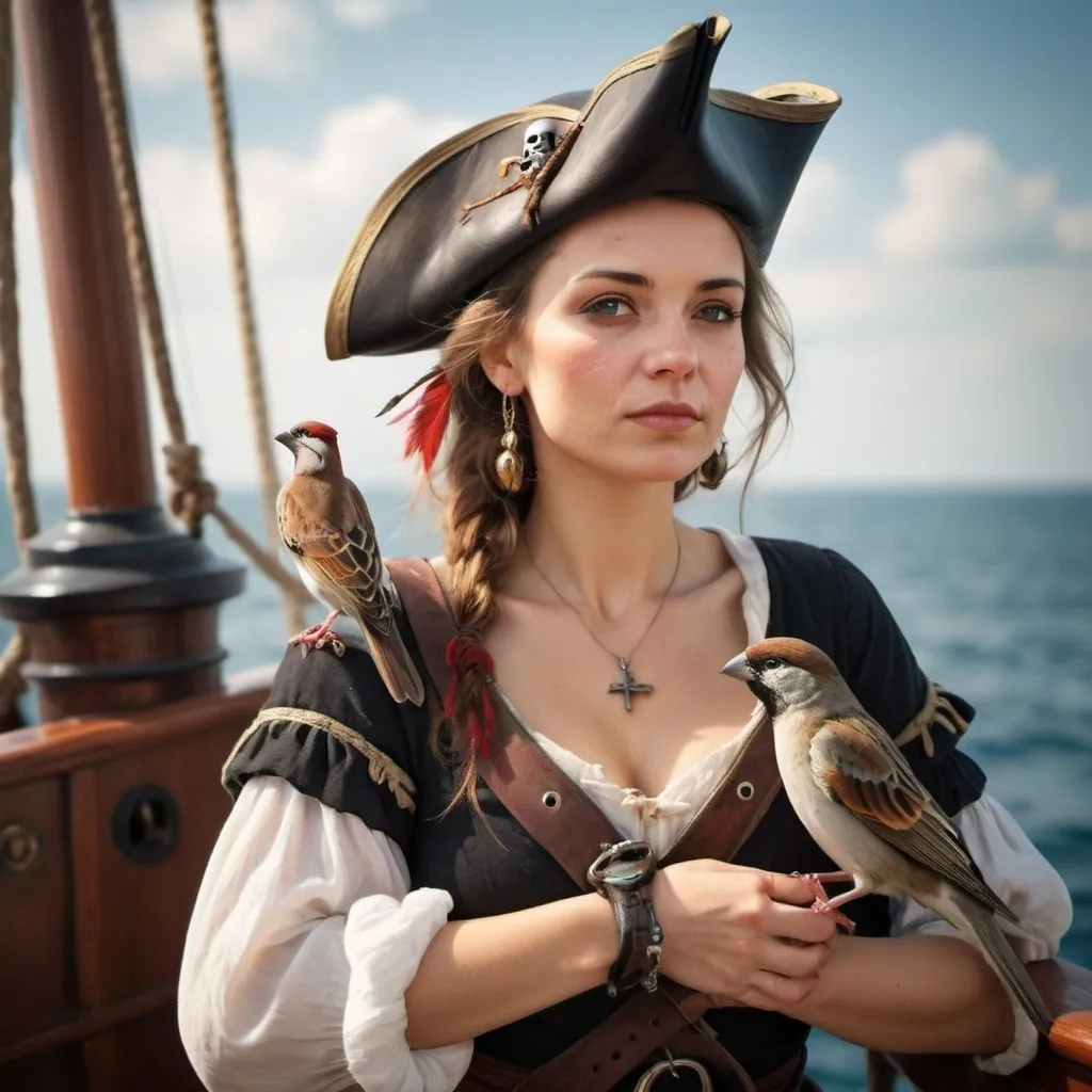 Prompt: a beautiful Polish woman, pirate, with a sparrow on her shoulder, on a ship. Nuanced facial expressions, sun, hope, sea, love