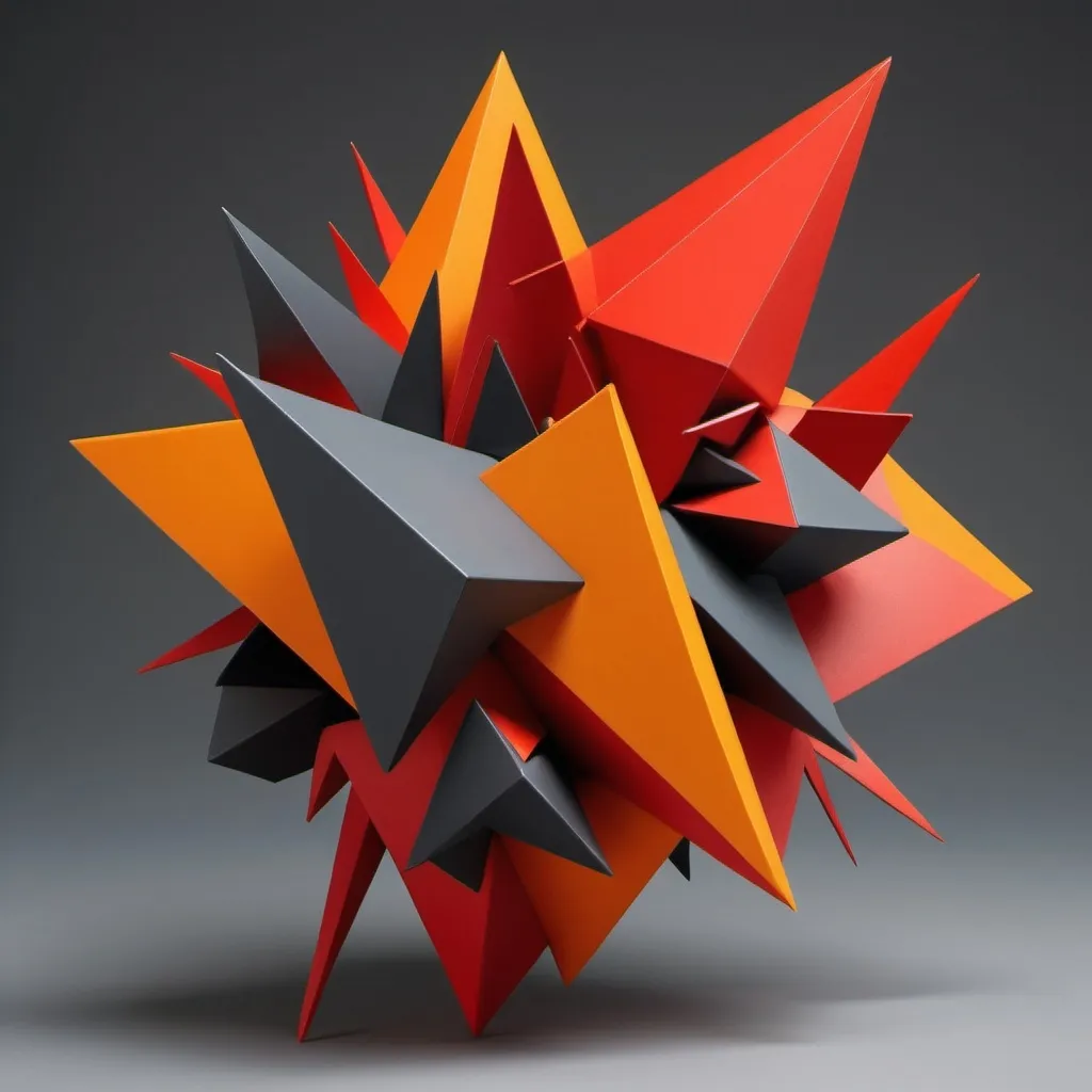 Prompt: a 3d model of aggressive, jagged geometric forms—such as fierce, intersecting triangles and explosive shards—that convey extreme rigidity and dominance. The color palette features fiery reds and intense oranges, symbolizing raw aggression and rebelliousness. The composition is chaotic and confrontational, with clashing shapes and bold contrasts, illustrating the dramatic, forceful reactions and obsessive control attempts characteristic of this mode.