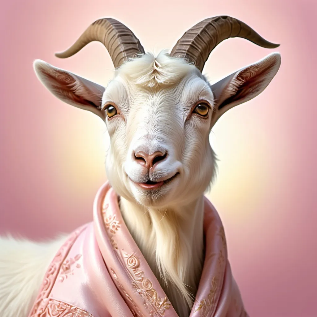 Prompt: cute dressed gentle goat, (joyful expression), (detailed facial features), soft pink hues, infused with sunshine, glowing with happiness, a warm and loving atmosphere, bright background with ethereal elements, high-quality ultra-detailed, serene and cheerful vibe, showcasing the innocence and charm of youth, surrounded by a sense of safety and warmth.