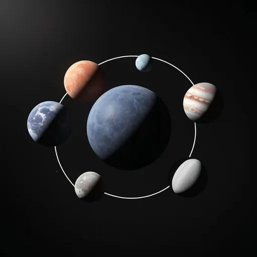 Prompt: Minimalistic digital art of a 3d ball containing 4 moons and 6 planets