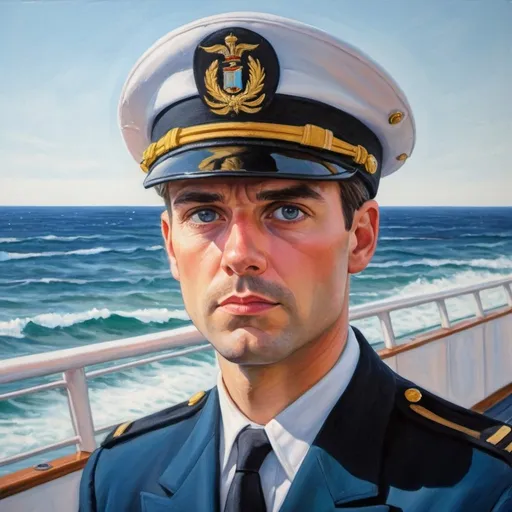 Prompt: painting of an 30 year old cruise ship captain with serious eyes standing looking into the sea, 1990. vivid colors, spring in the Netherlands