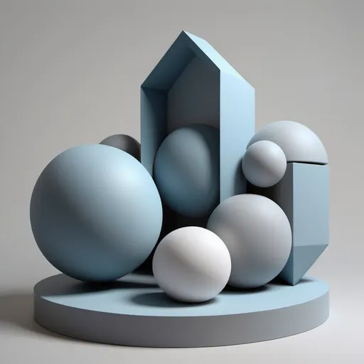 Prompt: a 3d model of soft, subdued geometric forms—such as rounded, overlapping shapes and blurred edges—that convey feelings of helplessness and resignation. The color palette includes muted grays and pale blues, reflecting sadness, guilt, and a sense of defeat. The shapes are often clustered and passive, symbolizing dependency and a desire to avoid conflict. The overall design lacks sharp contrasts, illustrating the reluctance to challenge one's schema and the inclination to accept and minimize harm.