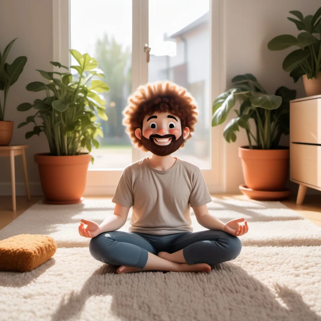 Prompt: a smiling realistic human croquette sitting on a carpet to meditate, in a tidy cosy room with much sunshine and some plants, happy, serene, content