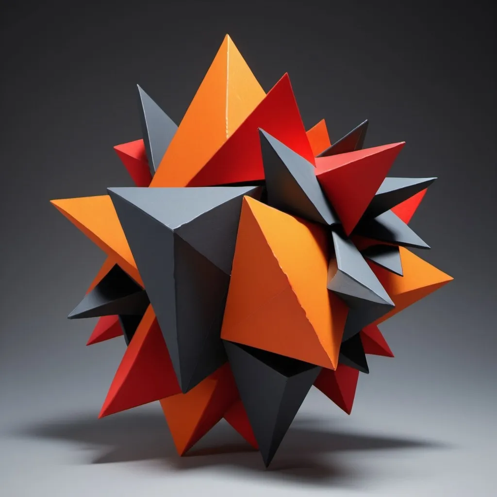 Prompt: a 3d model of aggressive, jagged geometric forms—such as fierce, intersecting triangles and explosive shards—that convey extreme rigidity and dominance. The color palette features fiery reds and intense oranges, symbolizing raw aggression and rebelliousness. The composition is chaotic and confrontational, with clashing shapes and bold contrasts, illustrating the dramatic, forceful reactions and obsessive control attempts characteristic of this mode.