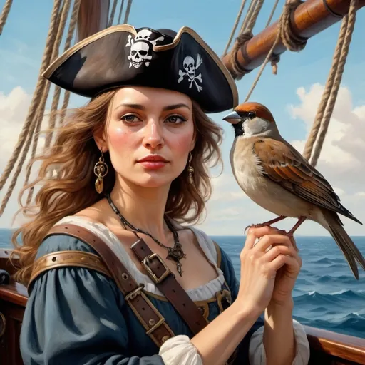 Prompt: a detailed painting of a beautiful Polish woman, pirate, with a sparrow on her shoulder, on a ship. Nuanced facial expressions, sun, hope, sea, love