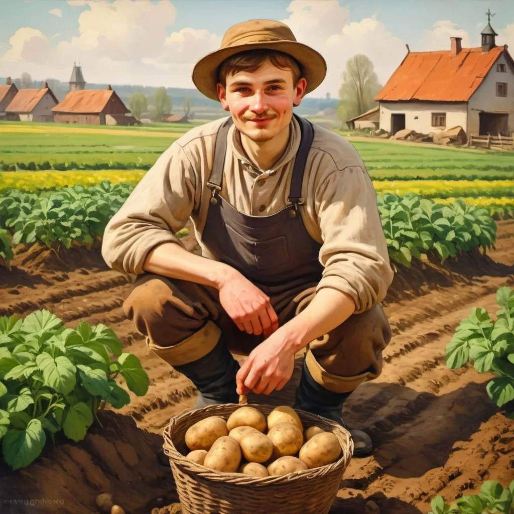 Prompt: painting of a cheery young polish farmer growing potatoes, spring time, lively, warm colors, 19th century style