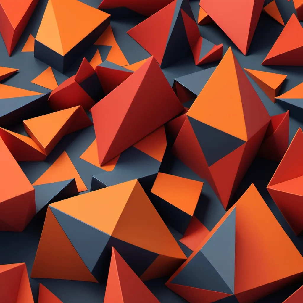 Prompt: a 3d model of bold, angular geometric forms—such as sharp triangles and aggressive, spiked lines—that convey rigidity and extremism. The color palette includes intense, contrasting colors like reds and deep oranges, symbolizing aggression, dominance, and rebelliousness. The shapes may overlap or clash, reflecting the struggle to control or dominate, and the design may feature intense, forceful patterns representing obsessive behaviors and extreme reactions. The overall composition is dynamic and confrontational, illustrating the extreme measures taken to counteract perceived deficiencies or threats.