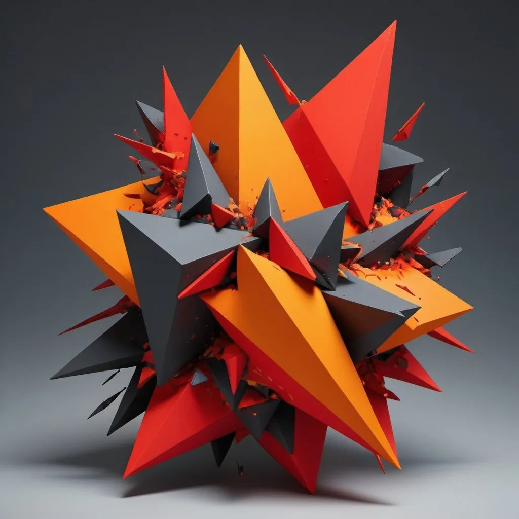 Prompt: a 3d model of aggressive, jagged geometric forms—such as fierce, intersecting triangles and explosive shards—that convey extreme rigidity and dominance. The color palette features fiery reds and intense oranges, symbolizing raw aggression and rebelliousness. The composition is chaotic and confrontational, with clashing shapes and bold contrasts, illustrating the dramatic, forceful reactions and obsessive control attempts characteristic of this mode.