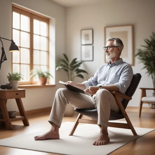 Prompt: Create an image of a man in a serene, well-organized space that reflects a sense of balance and well-being. The person is engaged in a fulfilling activity, such as enjoying a hobby, exercising, or spending time with loved ones, showing their comfort and enjoyment in the present moment. They have a calm, confident demeanor, with a relaxed posture and a gentle smile, indicating their healthy self-esteem and positive outlook. The environment should be harmonious, with elements like plants, books, or cozy decor, emphasizing their ability to set boundaries and take care of their physical and emotional health. Include visual symbols of healthy relationships and responsible decision-making, such as a planner or a supportive interaction with another person. The scene should convey a strong sense of hope, present focus, and a balanced, fulfilling life.