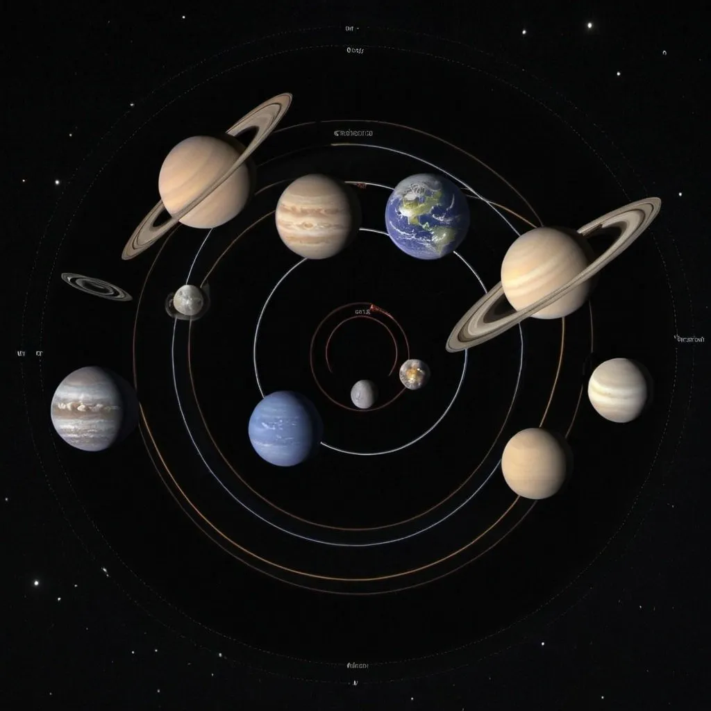 Prompt: 6 planets surrounded by 4 moons and 2 rings