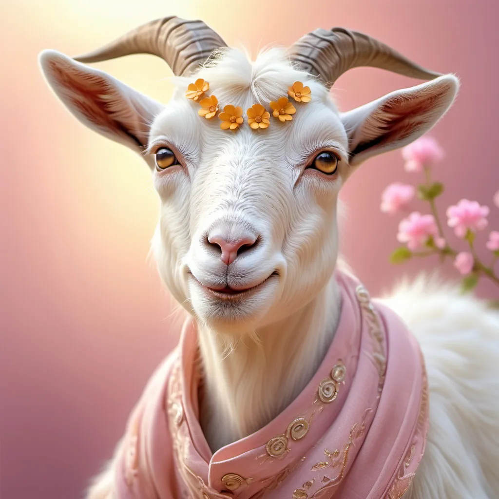 Prompt: cute dressed gentle goat, (joyful expression), (detailed facial features), soft pink hues, infused with sunshine, glowing with happiness, a warm and loving atmosphere, bright background with ethereal elements, high-quality ultra-detailed, serene and cheerful vibe, showcasing the innocence and charm of youth, surrounded by a sense of safety and warmth.