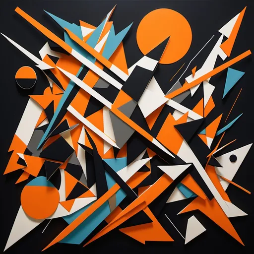 Prompt: Create an abstract geometric representation of Impulsiveness, depicting chaos, rebellion, and lack of control. Use sharp, erratic shapes and jagged lines to symbolize impulsivity and recklessness. Incorporate bold, contrasting colors like dark oranges, blacks, and bright neons to represent defiance, rage, and risky behavior. Include disjointed or fragmented elements to reflect rash decisions and instability. The overall composition should feel dynamic, unrestrained, and turbulent, capturing the essence of impulsivity and carelessness.