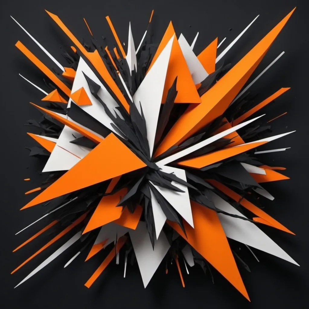 Prompt: Create a 3d abstract geometric representation of Impulsiveness, depicting chaos, rebellion, and lack of control. Use sharp, erratic shapes and jagged lines to symbolize impulsivity and recklessness. Incorporate bold, contrasting colors like dark oranges, blacks, and bright neons to represent defiance, rage, and risky behavior. Include disjointed or fragmented elements to reflect rash decisions and instability. The overall composition should feel dynamic, unrestrained, and turbulent, capturing the essence of impulsivity and carelessness.