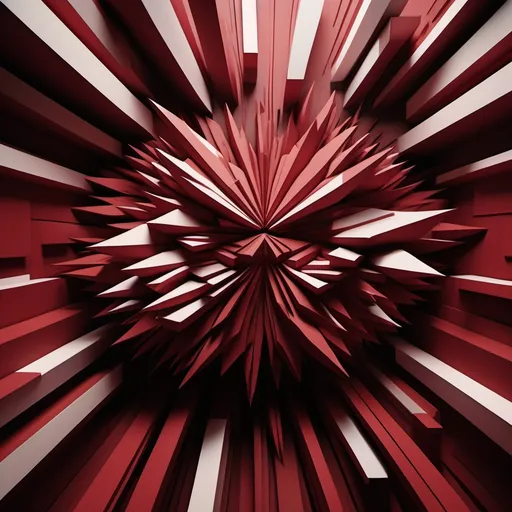 Prompt: Create a 3d abstract geometric representatio of deep anger [dark red], driven by feelings of victimization, bitterness, and negativity, often leading to pessimism, jealousy, and rage.  urge to yell, scream, break things, or even harm themselves or others. intense anger, anxiety, frustration, self-doubt, and a sense of being unsupported and vulnerable.