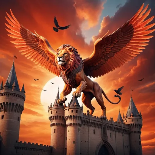 Prompt:  mythological creature with a winged  lion's body and a bird's head, soaring from a grand gothic castle, wings spread wide, (vibrant orange and red tones), dramatic sky at dawn, dynamic motion effect, intricate castle architecture, (highly detailed), epic atmosphere, immersive fantasy setting, enchanting background.