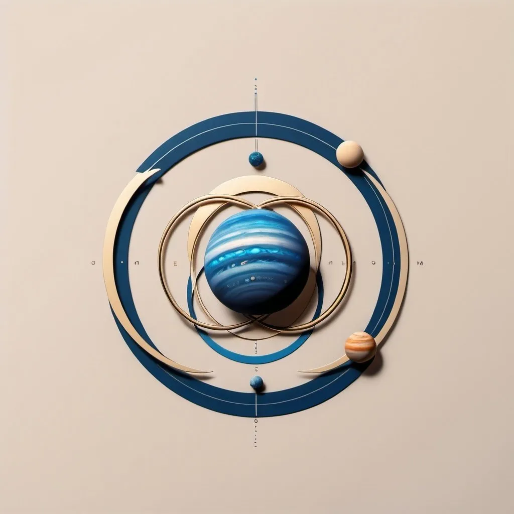 Prompt: minimalistic design, 6 planets, 4 moons and 2 rings, blue colors