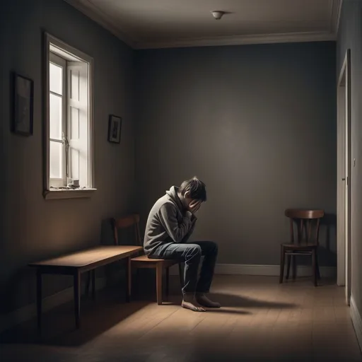 Prompt: Create an image of a person sitting alone in a dimly lit room, surrounded by a sense of heaviness and isolation. The room is sparse and unwelcoming, with minimal, stark furnishings to reflect the severity of their self-judgment. The person has a downcast expression, perhaps with furrowed brows or hands covering their face, showing deep sadness and frustration. Include visual elements like a clock or calendar to signify the passage of time and the ongoing nature of their self-punishment. The scene should convey a strong sense of internal struggle, harsh self-criticism, and the inability to forgive oneself,