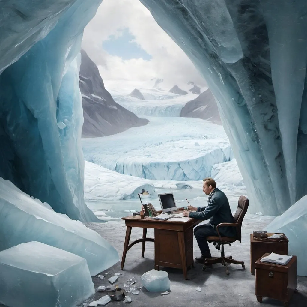 Prompt: a painting of a Dutch man working in an office inside a glacier