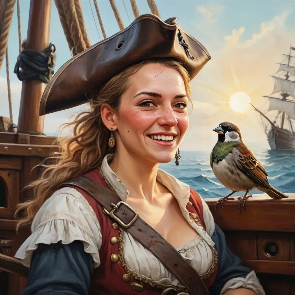 Prompt: a rennaisance style detailed painting of a beautiful happy tough Polish woman, pirate, with a sparrow on her shoulder, on a ship. Nuanced facial expressions, sun, hope, sea, love