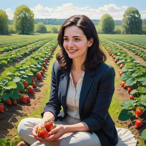 Prompt: a gentle painting of a happy modern educated secular dark haired woman sitting talking to the strawberry fields in the field, spring time, sunshine, gentle lines
