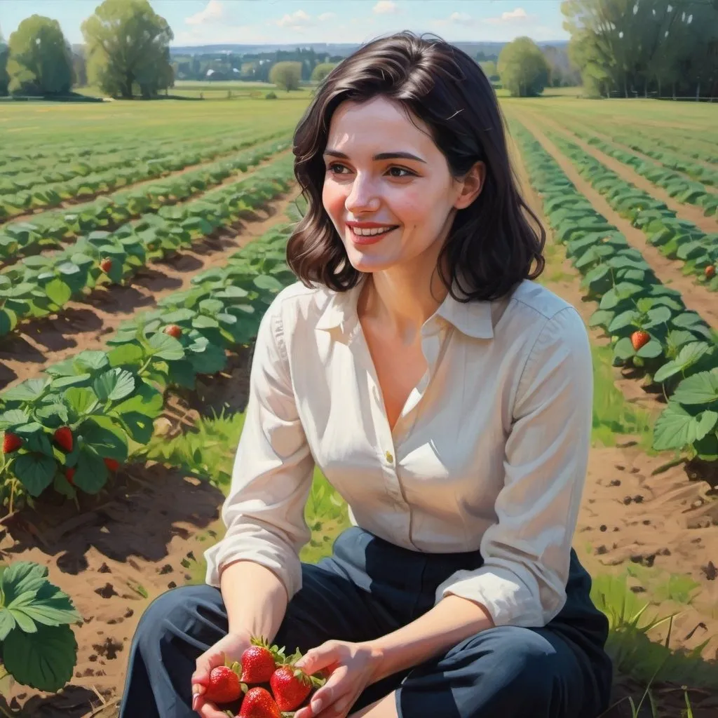 Prompt: a gentle painting of a happy modern educated secular dark haired woman sitting talking to strawberry fields in the field, spring time, sunshine, gentle lines
