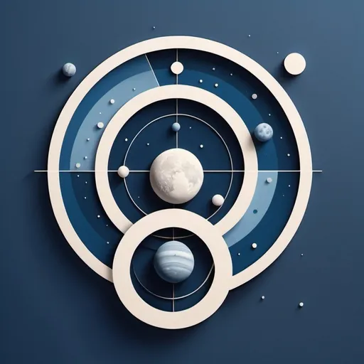 Prompt: Minimalist geometric design in blue and white with clean lines,  planets with a few little moons orbitting them