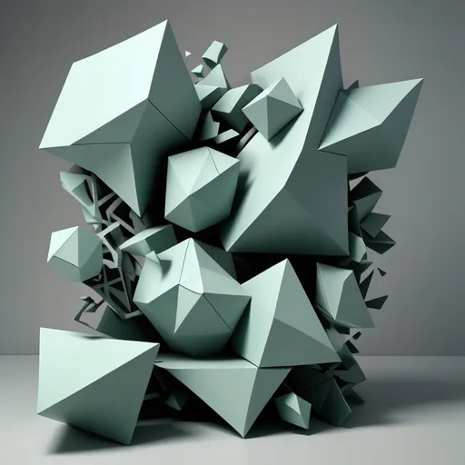 Prompt: a 3d model of fragmented, disjointed geometric forms— scattered, irregular shapes and sharp, jagged lines—that convey withdrawal and dissociation.  cool, muted tones like grays and pale blues and greens, symbolizing numbness and emotional detachment. The design includes voids or gaps, stress and fear. The overall composition feels fragmented and dispersed, reflecting the protective mechanism of retreating from overwhelming demands.