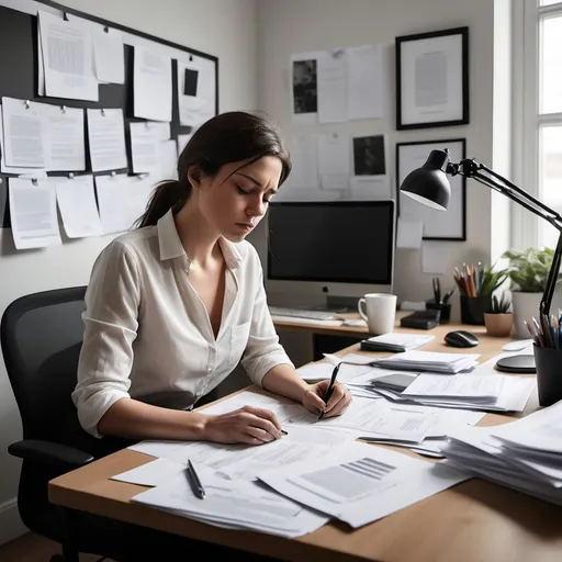 Prompt: Create an image of a woman working at a desk in a stark, minimally decorated room. The desk is cluttered with documents, reports, or projects, emphasizing their relentless focus on achievement. The person appears stressed and exhausted, perhaps with a furrowed brow or a tense posture, showing the pressure they feel to continually perform. There are no elements of relaxation or leisure in the scene—everything reflects a strong emphasis on work and productivity. Convey a sense of dissatisfaction with their accomplishments and the constant drive for more, without depicting any guilt, shame, or feelings of worthlessness.