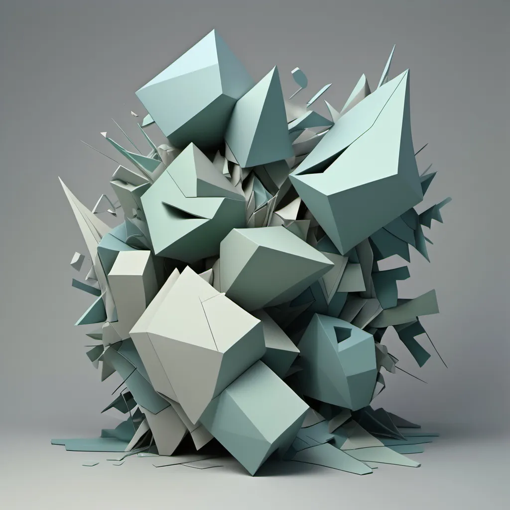 Prompt: a 3d model of fragmented, disjointed geometric forms— scattered, irregular shapes and sharp, jagged lines—that convey withdrawal and dissociation.  cool, muted tones like grays and pale blues and greens, symbolizing numbness and emotional detachment. The design includes voids or gaps, stress and fear. The overall composition feels fragmented and dispersed, reflecting the protective mechanism of retreating from overwhelming demands.