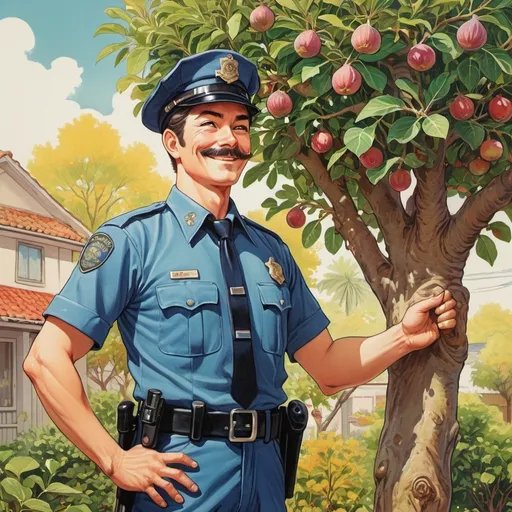 Prompt: manga 1970's style), painting, happy policeman standing next to a fig tree, (vibrant colors), detailed facial expressions, warm and cheerful atmosphere, spring, vintage 1970s aesthetic, (ultra-detailed), bright yet soft lighting, evoking a sense of enthusiasm and joy in gardening.