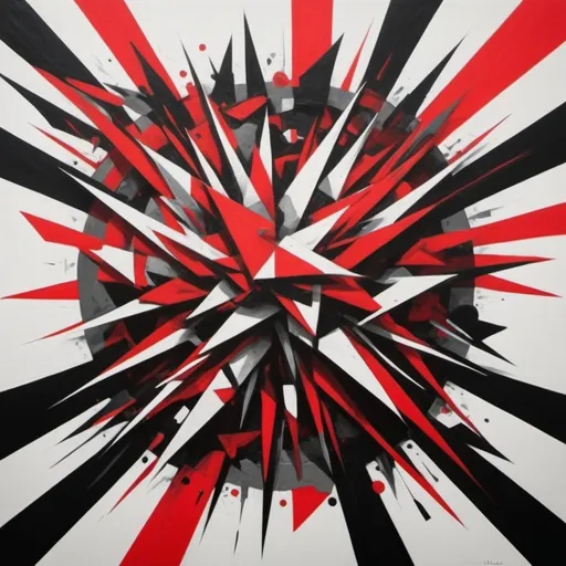 Prompt: Create an abstract geometric representation of Impulsive Child Mode, depicting chaos, rebellion, and lack of control. Use sharp, erratic shapes and jagged lines to symbolize impulsivity and recklessness. Incorporate bold, contrasting colors like reds, blacks, and bright neons to represent defiance, rage, and risky behavior. Include disjointed or fragmented elements to reflect rash decisions and instability. The overall composition should feel dynamic, unrestrained, and turbulent, capturing the essence of impulsivity and carelessness.