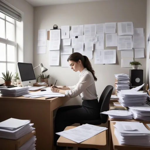 Prompt: Create an image of a woman working at a desk in a stark, minimally decorated room. The desk is cluttered with documents, reports, or projects, emphasizing their relentless focus on achievement. The person appears stressed and exhausted, perhaps with a furrowed brow or a tense posture, showing the pressure they feel to continually perform. There are no elements of relaxation or leisure in the scene—everything reflects a strong emphasis on work and productivity. Convey a sense of dissatisfaction with their accomplishments and the constant drive for more, without depicting any guilt, shame, or feelings of worthlessness.